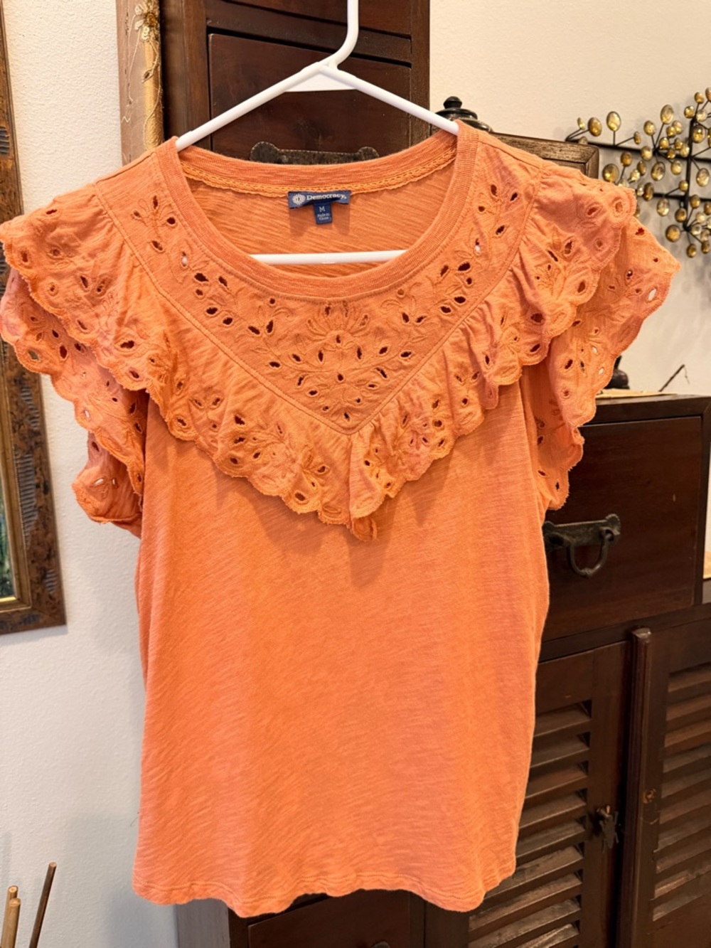 Democracy Orange Eyelet Ruffle Short Sleeve Tee